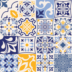 Set of 16 tiles Azulejos in blue, gray, yellow. Original traditional Portuguese and Spain decor. Seamless patchwork tile with Victorian motives. Ceramic tile in talavera style. Gaudi mosaic. Vector - obrazy, fototapety, plakaty