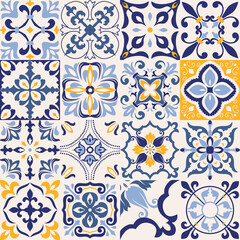 Set of 16 tiles Azulejos in blue, gray, yellow. Original traditional Portuguese and Spain decor. Seamless patchwork tile with Victorian motives. Ceramic tile in talavera style. Gaudi mosaic. Vector - obrazy, fototapety, plakaty