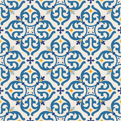 Seamless Damask pattern. Majolica pottery tile, blue, yellow, gray azulejo, original traditional Portuguese and Spain decor. Seamless tile with Islam, Arabic, Indian, Ottoman motifs. Victorian style