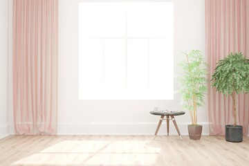 modern room with plants,table and curtains interior design. 3D illustration
