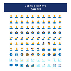 Set of Users and Charts icon with flat style design vector