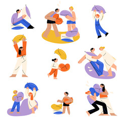 Happy people playing and fighting with pillows with each other vector illustration