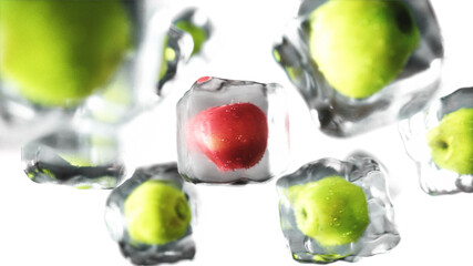Fototapeta na wymiar Apples in ice cubes. Food and broadcast concept. Realistic ice materials. 3d rendering.