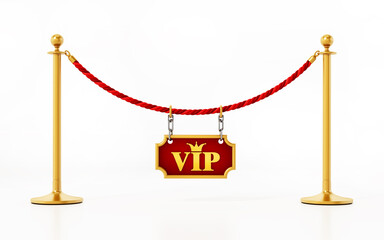 Gold barriers with velvet rope. 3D illustration
