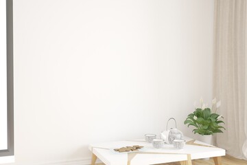 modern mock up of table with tea set,plants and curtains interior design. 3D illustration