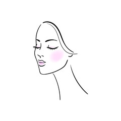 Hand drawn beautiful young  woman with closed eyes model makeup face portrait.Fashion girl illustration. Black and white sketch.Stock vector illustration.