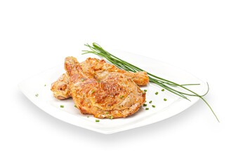 Hot Fried Flavored chicken quarter in batter with chives
