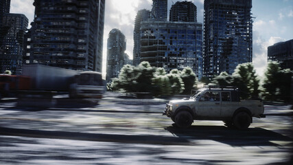 an old car rides in a ruined city. Apocalypse concept. 3d rendering.