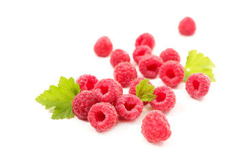 raspberry fruit and leaf isolated on white background
