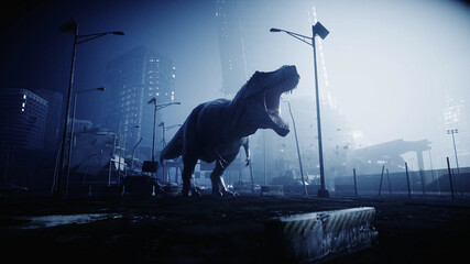 terrible dinosaur trex in the night destroyed city. Apocalypse concept. 3d rendering. © 3D motion