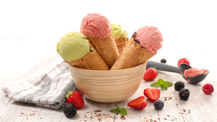 ice cream scoop with fresh fruit biscuit cone