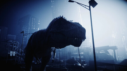 terrible dinosaur trex in the night destroyed city. Apocalypse concept. 3d rendering. © 3D motion