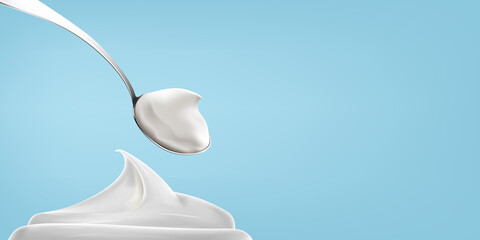 Natural greek yogurt in the spoon on blue background realistic illustration.
