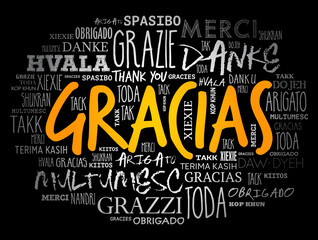 Gracias (Thank You in Spanish) word cloud in different languages