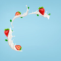 Whole milk yogurt swirl background design with fruits and berrys, commercial vector advertising mock-up realistic illustration. Bitmap copy