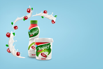 Organic yogurt with cherry berries bottle and jar design, commercial vector advertising mock-up. Beverage product packaging realistic illustration. Bitmap copy
