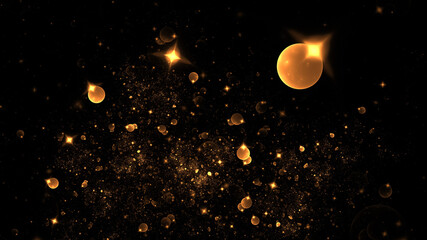 Abstract holiday background with golden stars and planets. Fantastic light effect. Digital fractal art. 3d rendering.