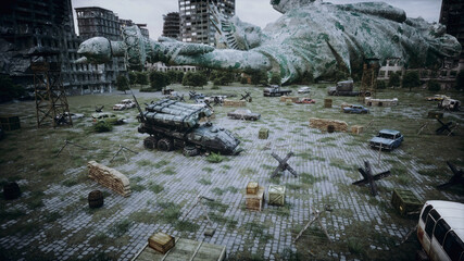 Apocalypse of USA, America. Aerial View of the destroyed city. Apocalypse concept. 3d rendering.
