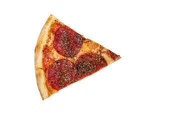Slice of pizza with sausage and cheese isolated on white background
