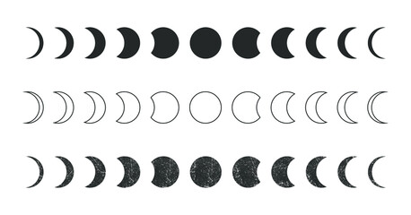 Moon phases astronomy icon silhouette symbol set. Full moon and crescent sign logo. Vector illustration. Isolated on white background.