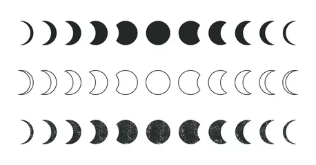 Tuinposter Moon phases astronomy icon silhouette symbol set. Full moon and crescent sign logo. Vector illustration. Isolated on white background. © ville