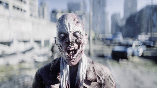 Terrible zombie in destroyed city. Zombie apocalypse concept. 3d rendering.