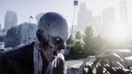 Terrible zombie in destroyed city. Zombie apocalypse concept. 3d rendering.