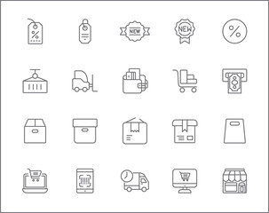 Set of e-commerce and shopping icons line style. It contains such Icons as store, delivery, package, box, coupon, cart, adding, shipping, tags, market and other elements.