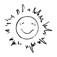 The sun with a cute smiling face. Hand drawn vector illustration. Doodles, sketching. Black contour drawing isolated on white. Primitive style, single picture for design, print, card, poster, sticker.