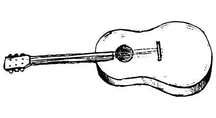Classical guitar realistic hand drawn vector illustration. Graphic doodle, sketching. Black contour drawing isolated on white. Primitive style, single picture for design, print, card, poster, sticker.