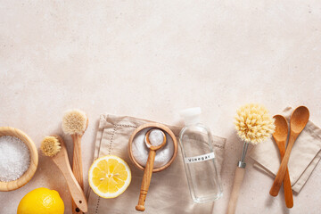zero waste eco friendly cleaning concept. wooden brushes, lemon, baking soda, vinegar