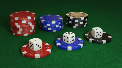 casino chips and dices on casino table.