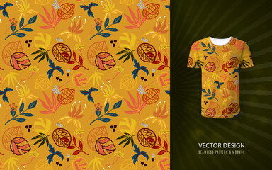 Fototapeta premium Vector orange fantasy leaves seamless pattern. Floral exotic background. Hand drawn plants. Ideal for fabric, wallpaper, textile, bedding,t-shirt print.