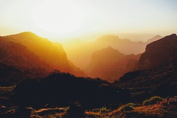 Obraz premium Sunrise on Pico do Arieiro, third heighest mountain of Madeira island, Portugal