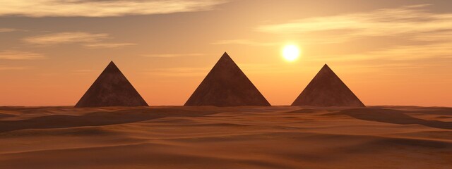 Pyramids in the desert of sand at sunset, 3D rendering - obrazy, fototapety, plakaty