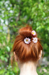 Daisies as a decoration of hairstyles in the hair of a red-haired girl