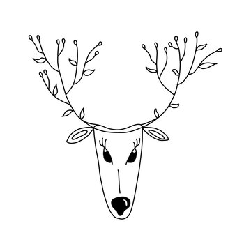 Christmas illustration with cute cartoon deer in doodle style. Vector image. for design of t-shirts, new year cards and gifts, design of invitation cards for Christmas celebrations