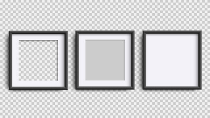 Photo Frames isolated on white, realistic square three black frames mockup, vector set