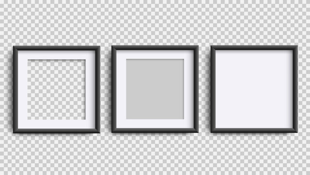 Photo Frames isolated on white, realistic square three black frames mockup, vector set
