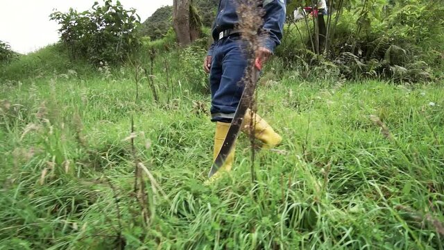 Slow motion of professional worker wearing safety equipment and boots hold machete while walking on a bush field.