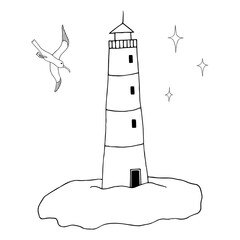 Vector hand drawn doodle illustration with lighthouse and flying seagull. Design for coloring book, print greeting cards, packaging, poster, logo.