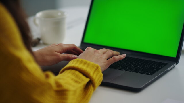 Closeup Business Woman Hands Working On Laptop Computer With Green Screen.