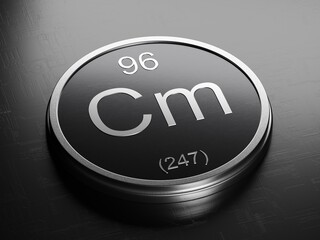 Curium element from periodic table on futuristic round shiny metallic icon 3D render	
