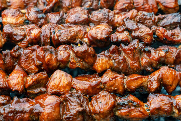 BBQ pork skewers closeup. Grilled pork covered with barbecue sauce.