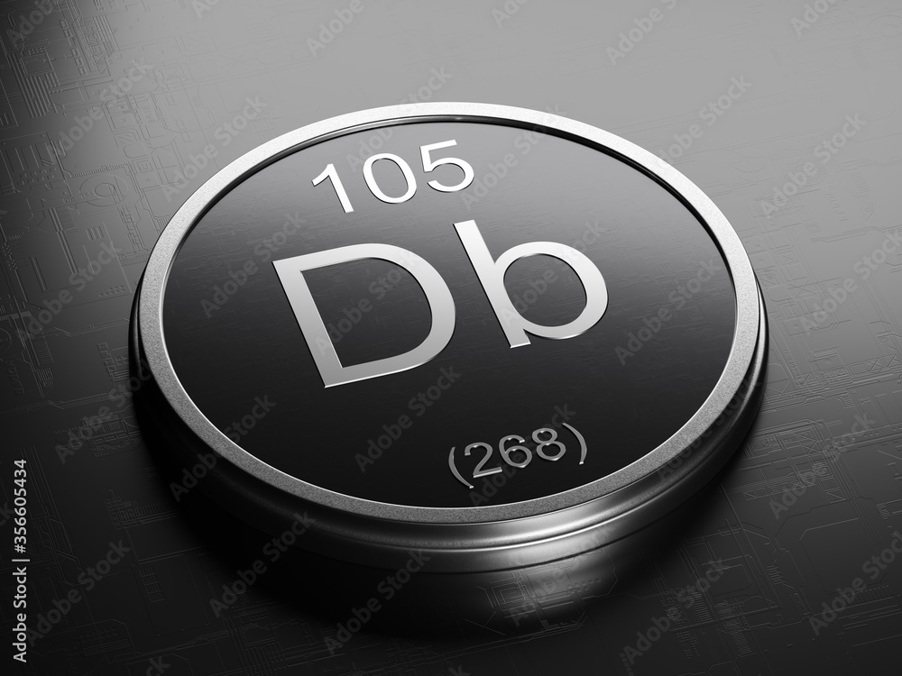 Poster dubnium element from periodic table on futuristic round shiny metallic icon 3d render