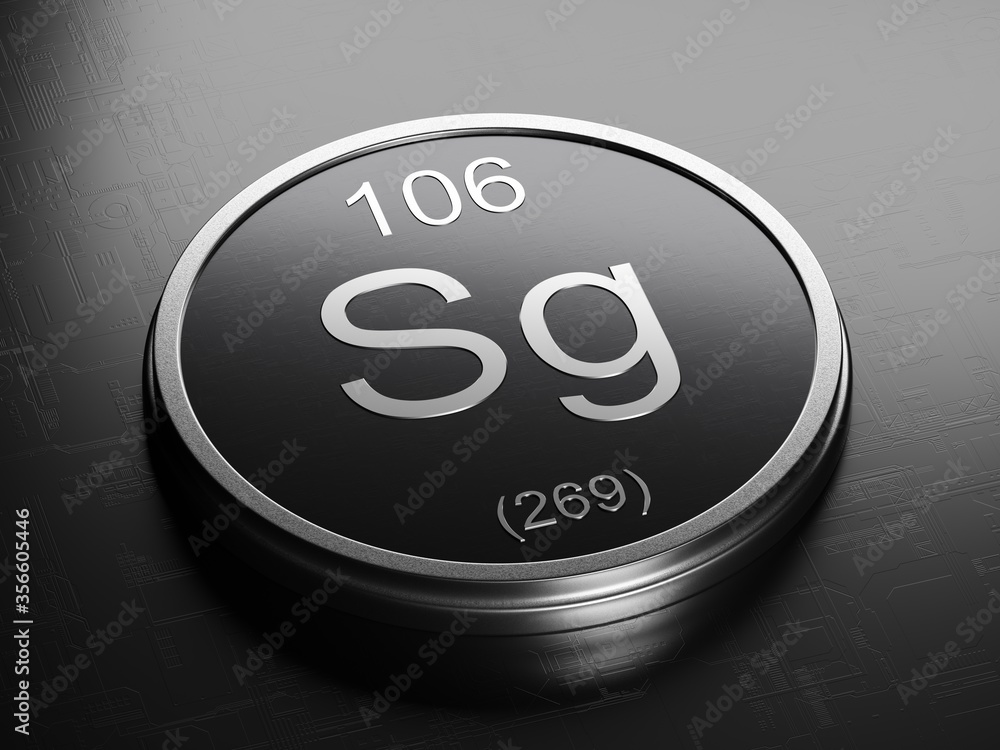 Aufkleber seabordium element from periodic table on futuristic round shiny metallic icon 3d render