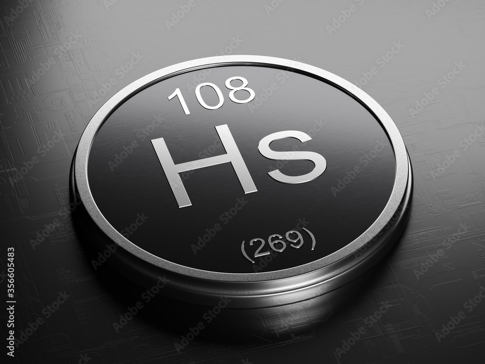 Aufkleber hassium element from periodic table on futuristic round shiny metallic icon 3d render