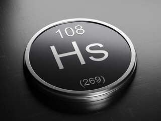Hassium element from periodic table on futuristic round shiny metallic icon 3D render	
