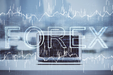 Double exposure of graph and financial info and work space with computer background. Concept of international online trading.