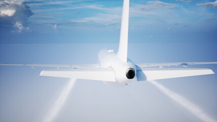 Passenger flying Plane . Daylight, clouds. A condensation trail of an airplane. 3d rendering.